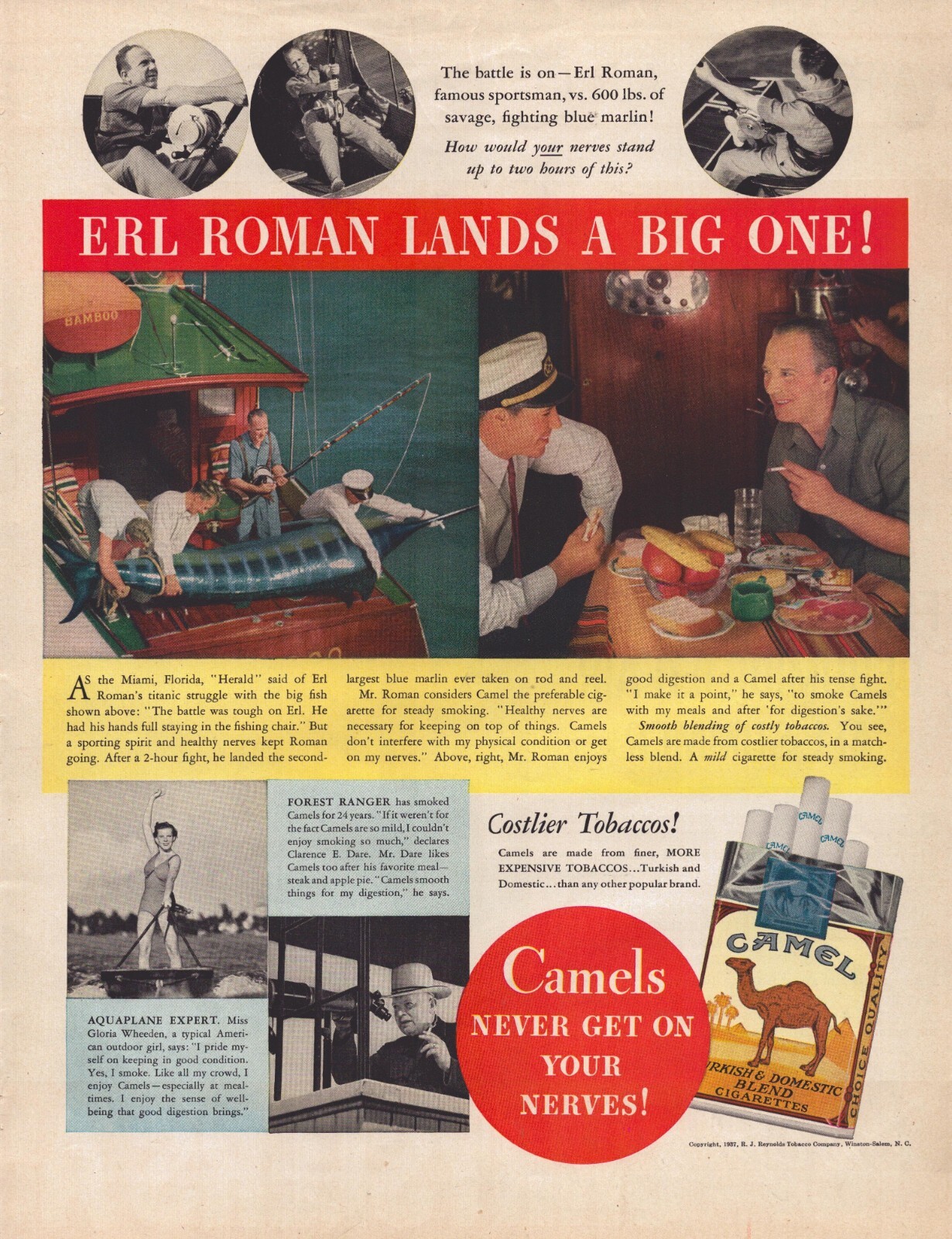 1937 Camel Cigarette Print Ad Erl Roman Lands A Big One Fishing Boat