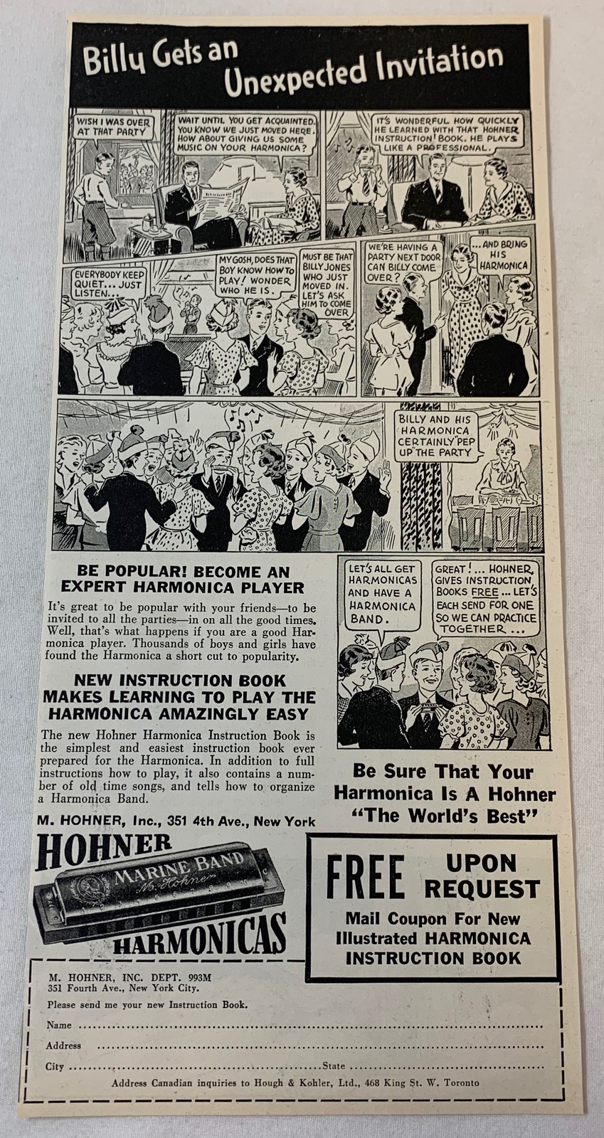 1936 HOHNER harmonicas ad ~ Unexpected Invitation