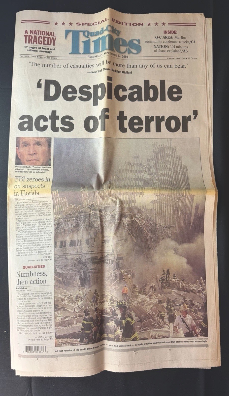 9/11 Newspaper Quad-City Times Sept 12 2001 World Trade Center Terror Attacks