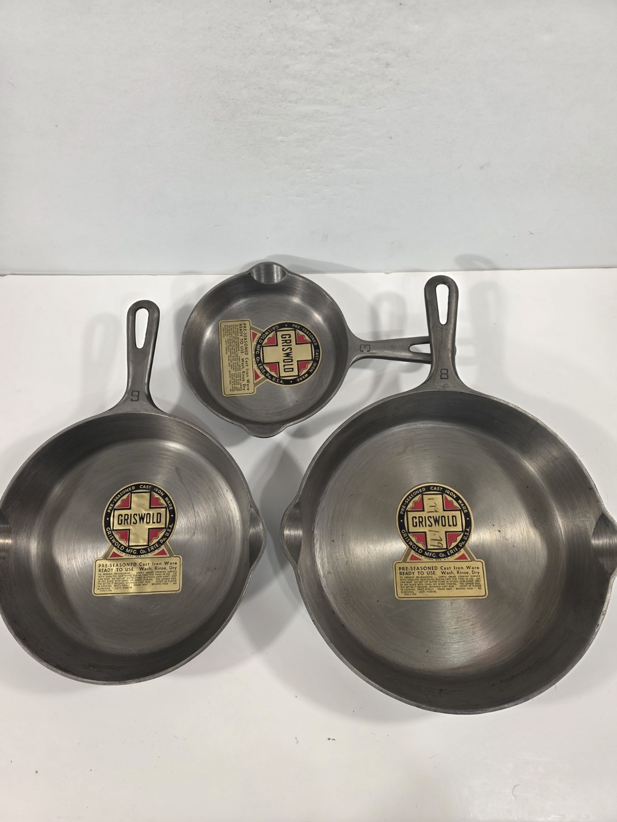 New Griswold Cast Iron #3, 6, 8, Very Rare NOS Stickered Set of 3 New Griswold Cast Iron #3, 6, 8, Very Rare NOS Stickered Set of 3