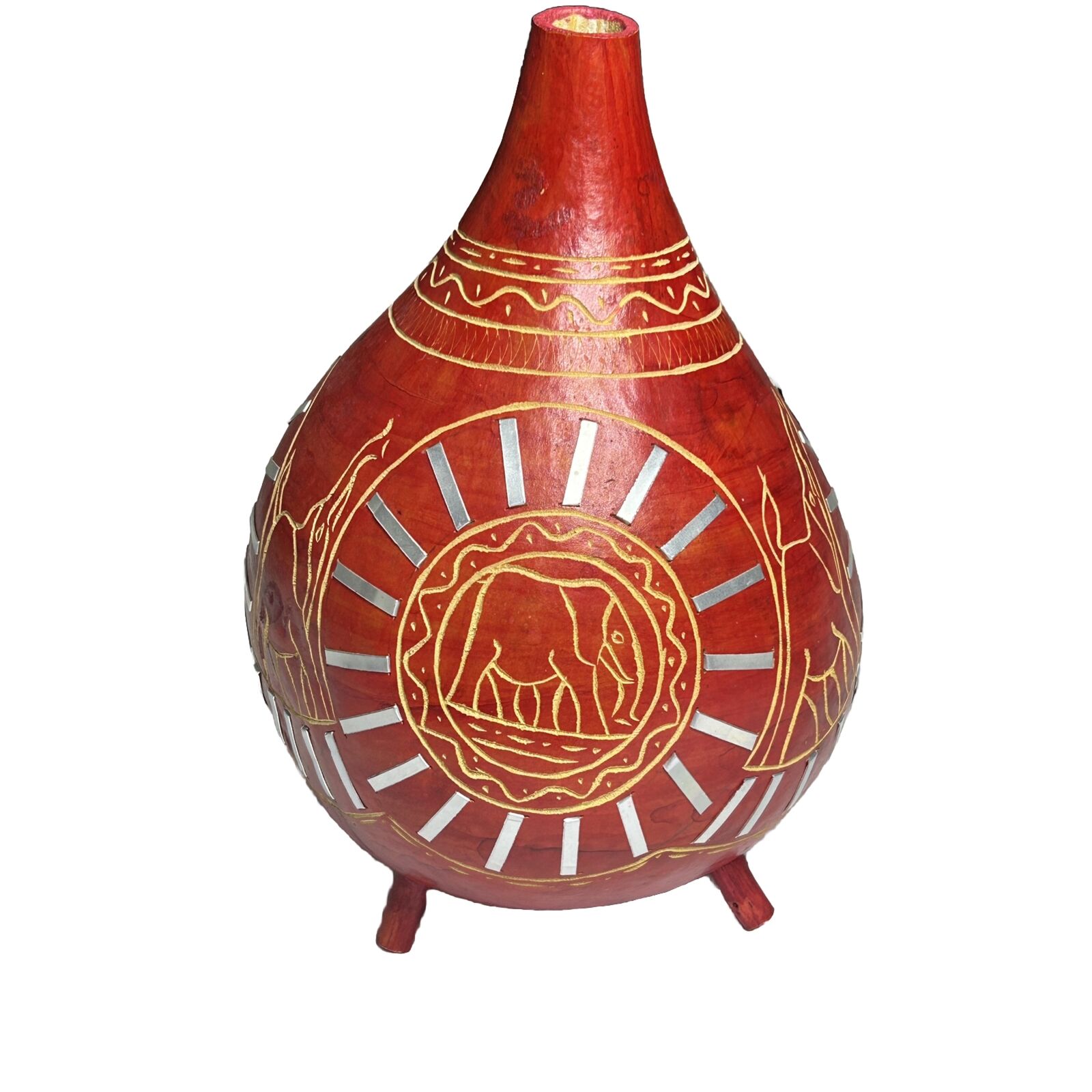 African Hand Carved Calabash Gourd Art Decor Red Animals 12” Tall