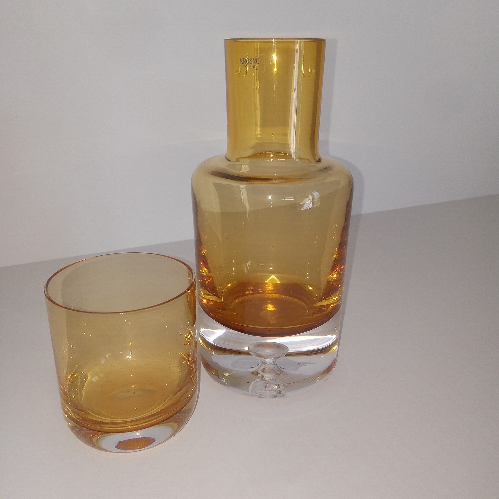Vintage MCM Krosno Amber Glass Tumble-up Carafe and Tumbler Set Poland Bar-ware