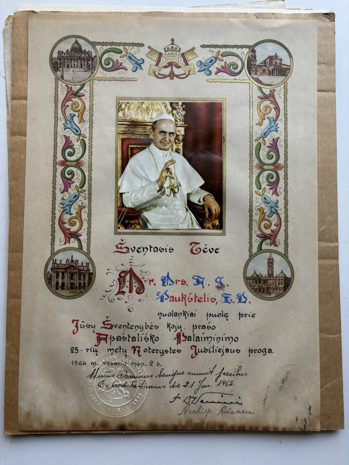 Vintage 1964 Vatican Papal Blessing Doc Pope Paul VI Lithograph Parchment Signed