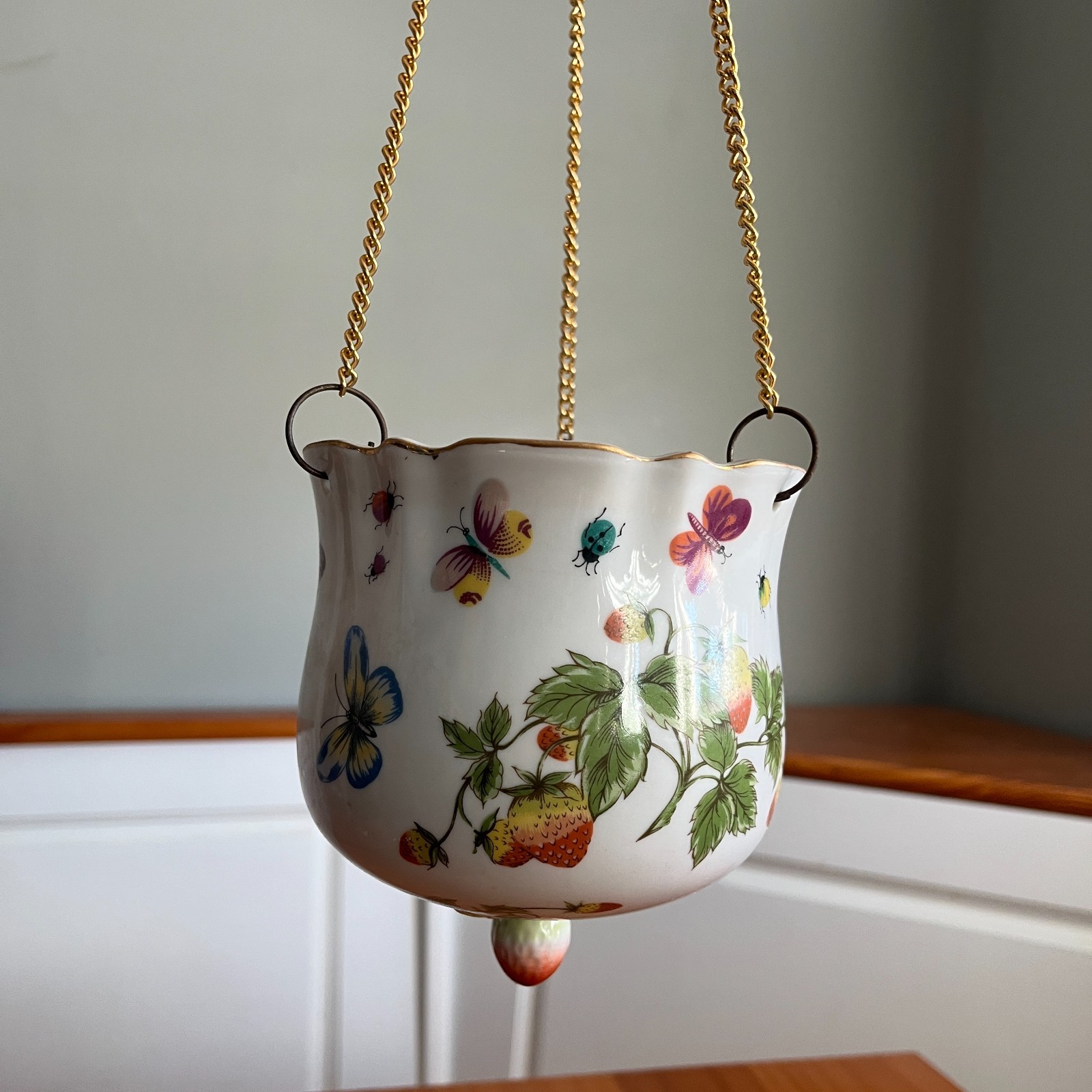 Vintage Ardalt Lenwile Butterflies Strawberry Hanging Planter Japan #7203