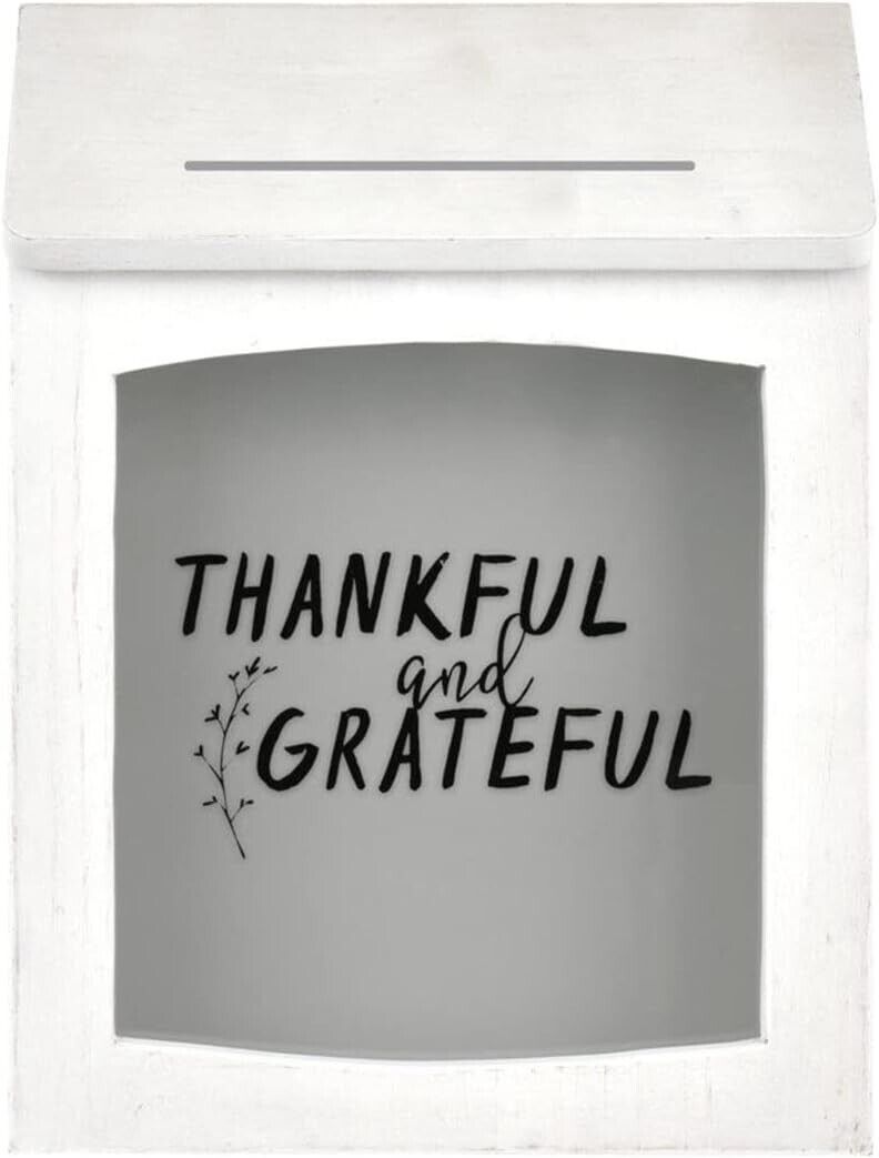 Thankful and Grateful Painted Wood Glass Front Coin Bank or Blessings Bank White