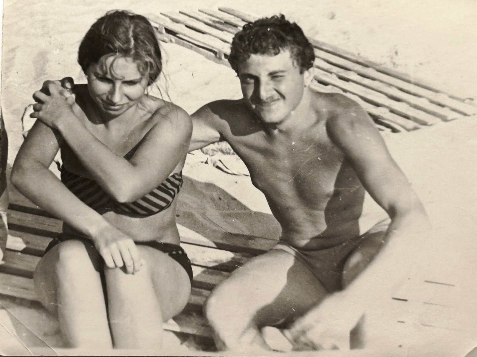 1970s Soviet Shirtless Man Woman Bikini Beach Hug Gay Interest Vtg Photo B&W