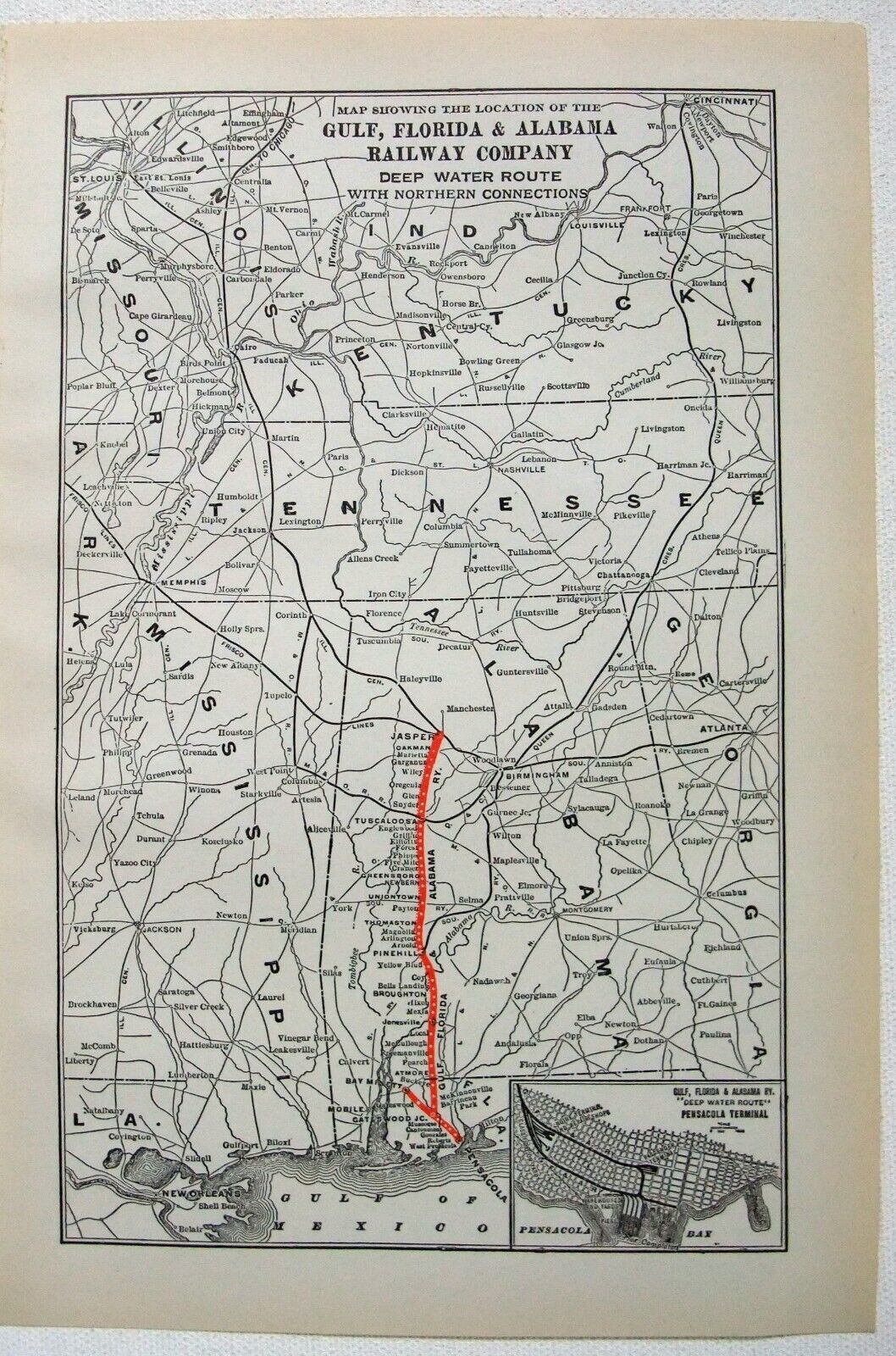 Gulf, Florida & Alabama Railway Company - Original 1914 System Map. Antique