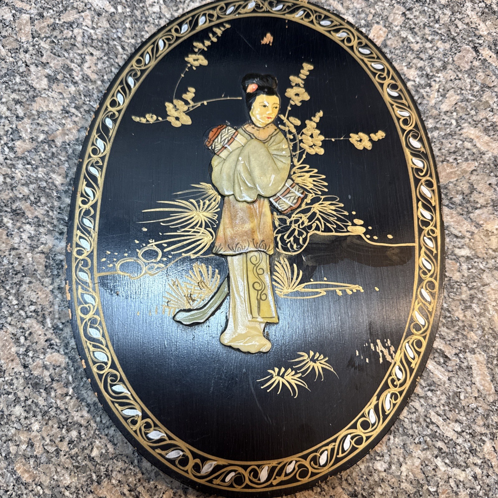 Vtg Hand Painted Chinese Lacquered Wooden Plaque 8.5” By 12”