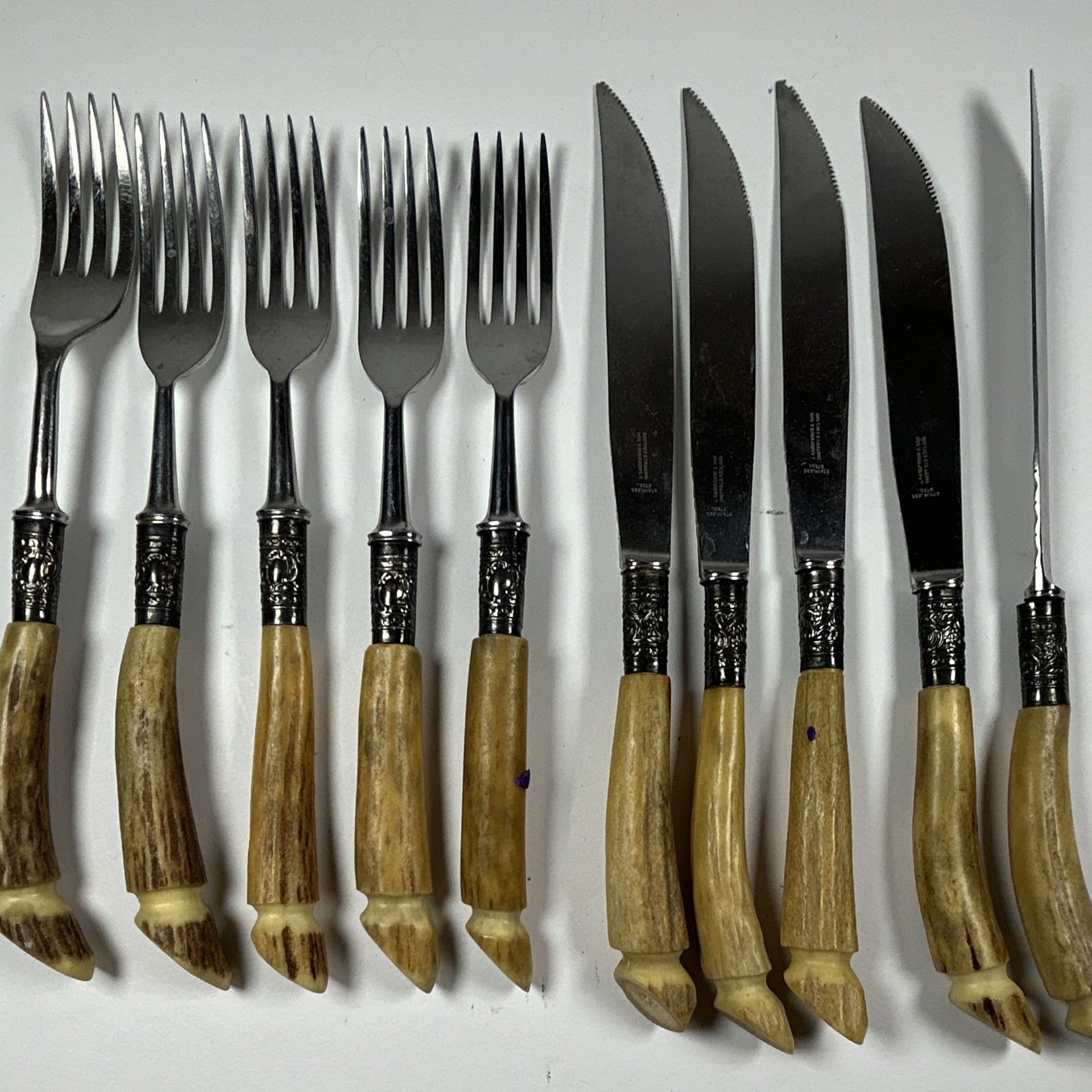 Vintage Antler Handle Steak Knife Fork Set 10 Pc Service for 5.  Silver Ferrule