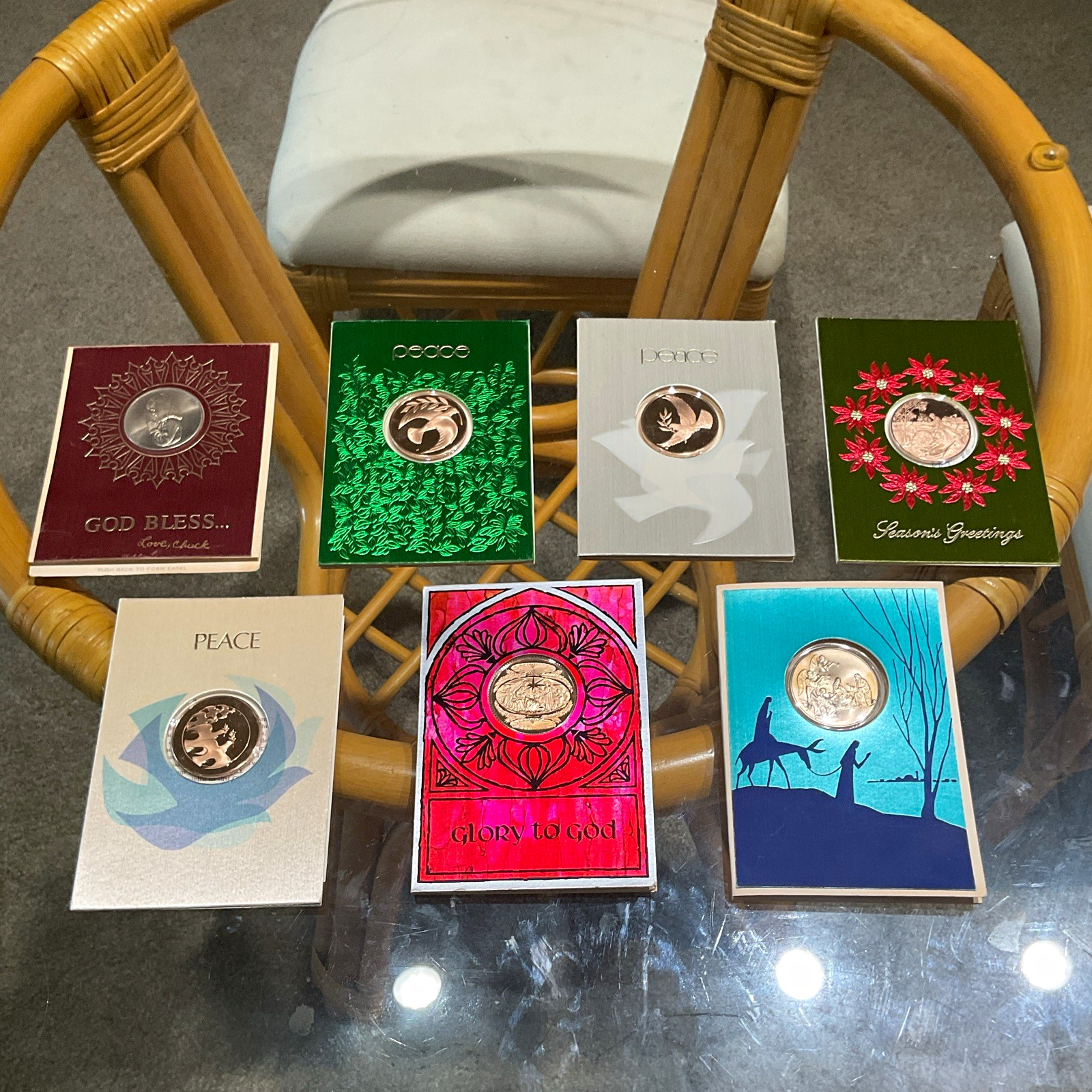 Vintage 70’s Christmas Cards w Commemorative Franklin Mint Coins VTG 69-75 L👀K