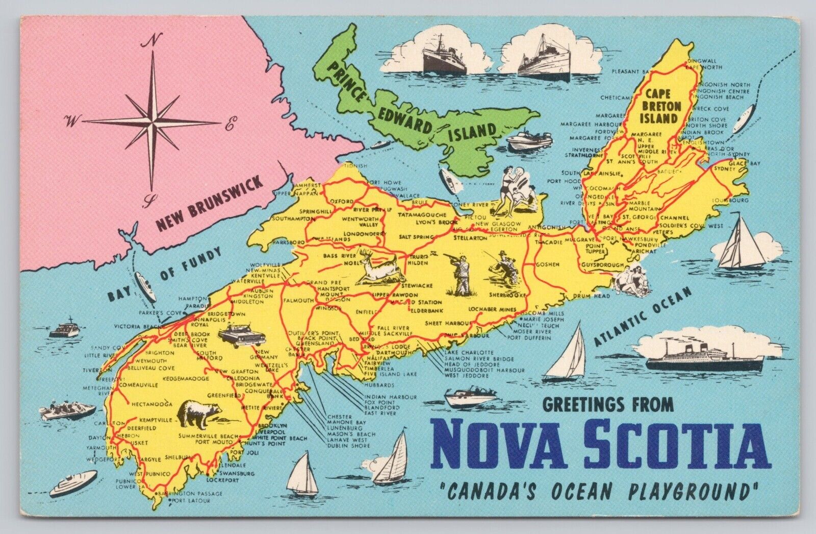 Nova Scotia Canada Pictoral Map, Landmarks & Attractions, Vintage Postcard