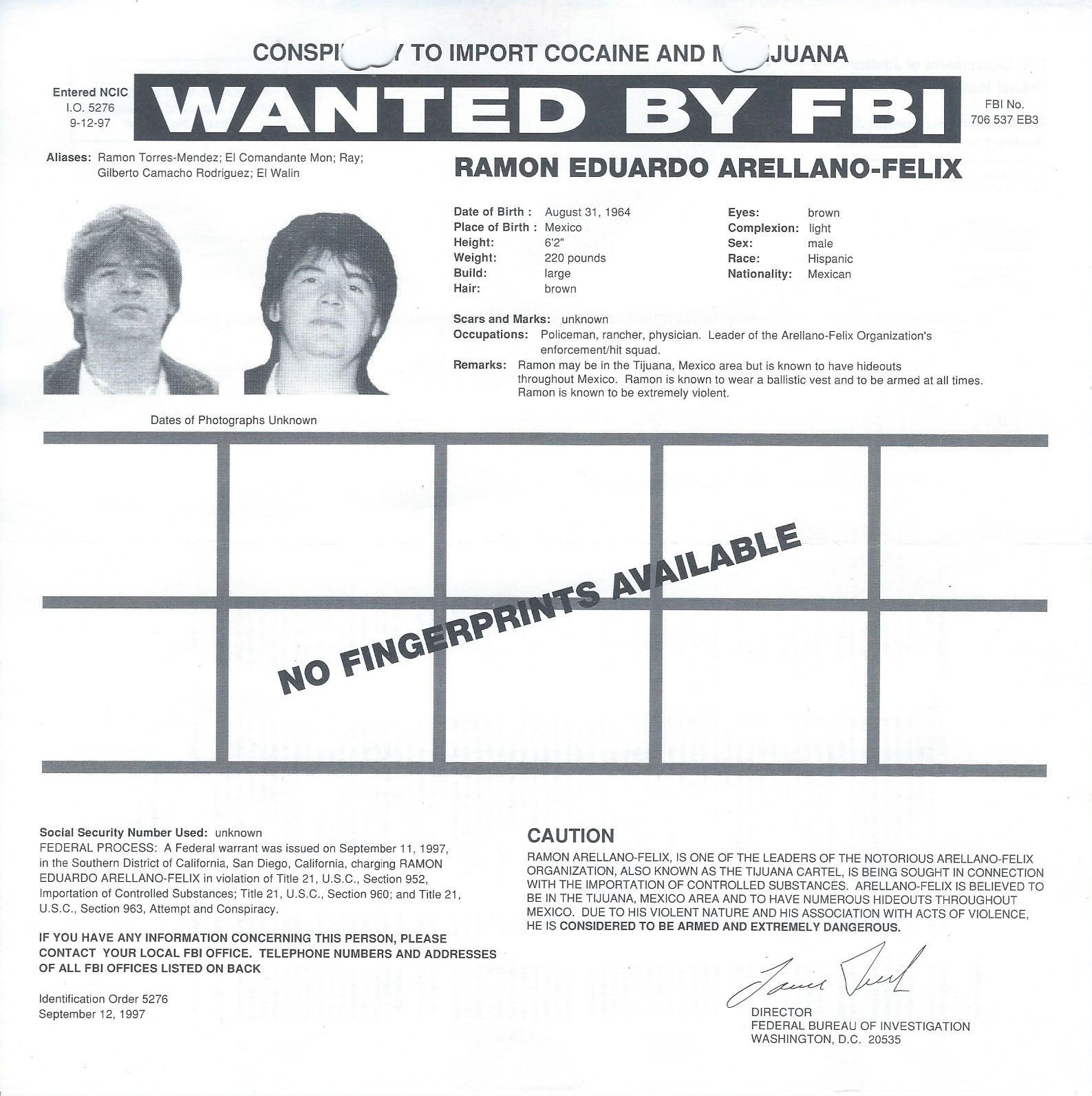 USPS FBI Wanted Poster Ramon Eduardo Arellano-Felix Drug Lord Tijuana Cartel