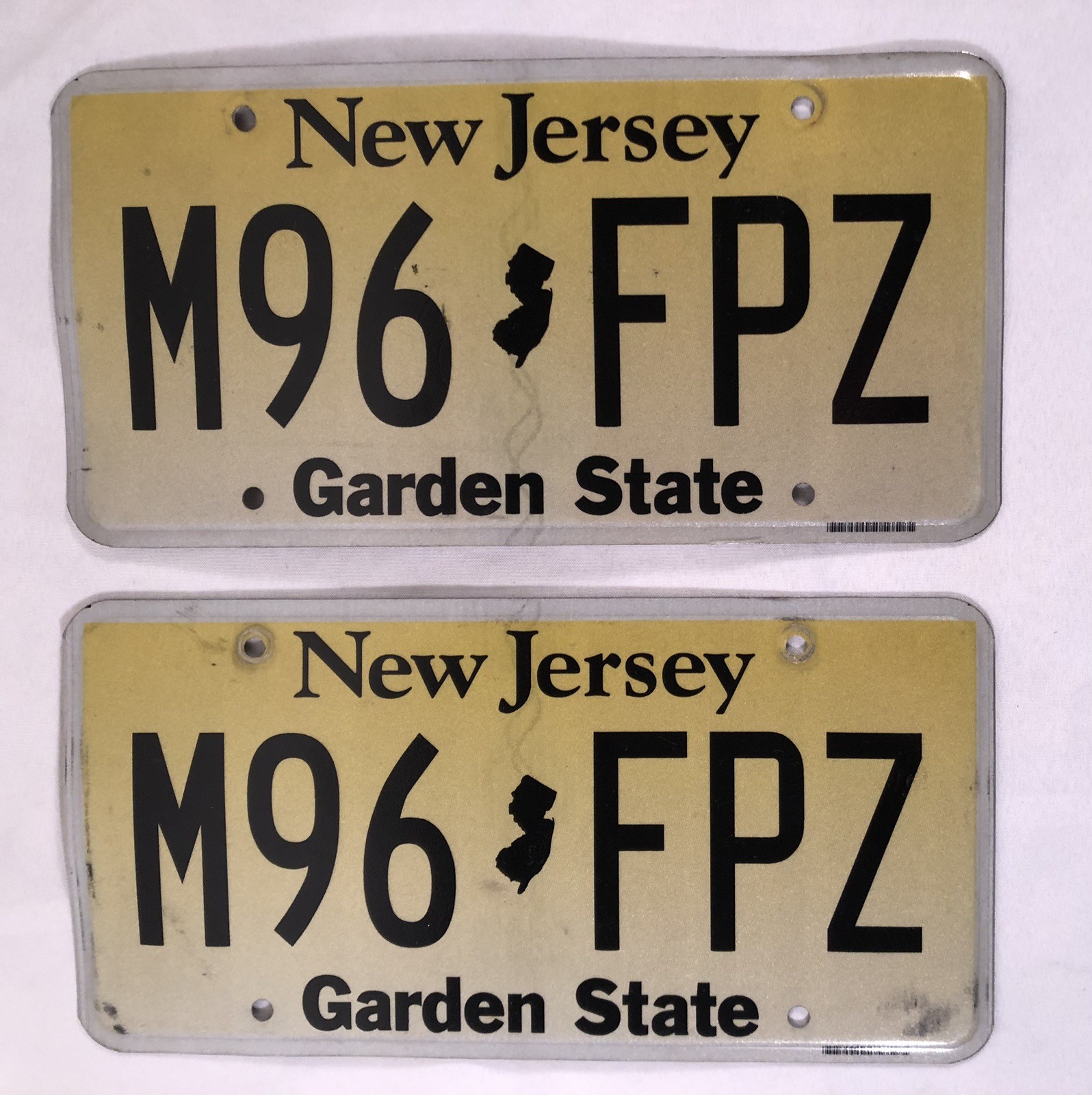 Expired Matching Pair of New Jersey License Plates M96 FPZ NJ Plate Black Yellow