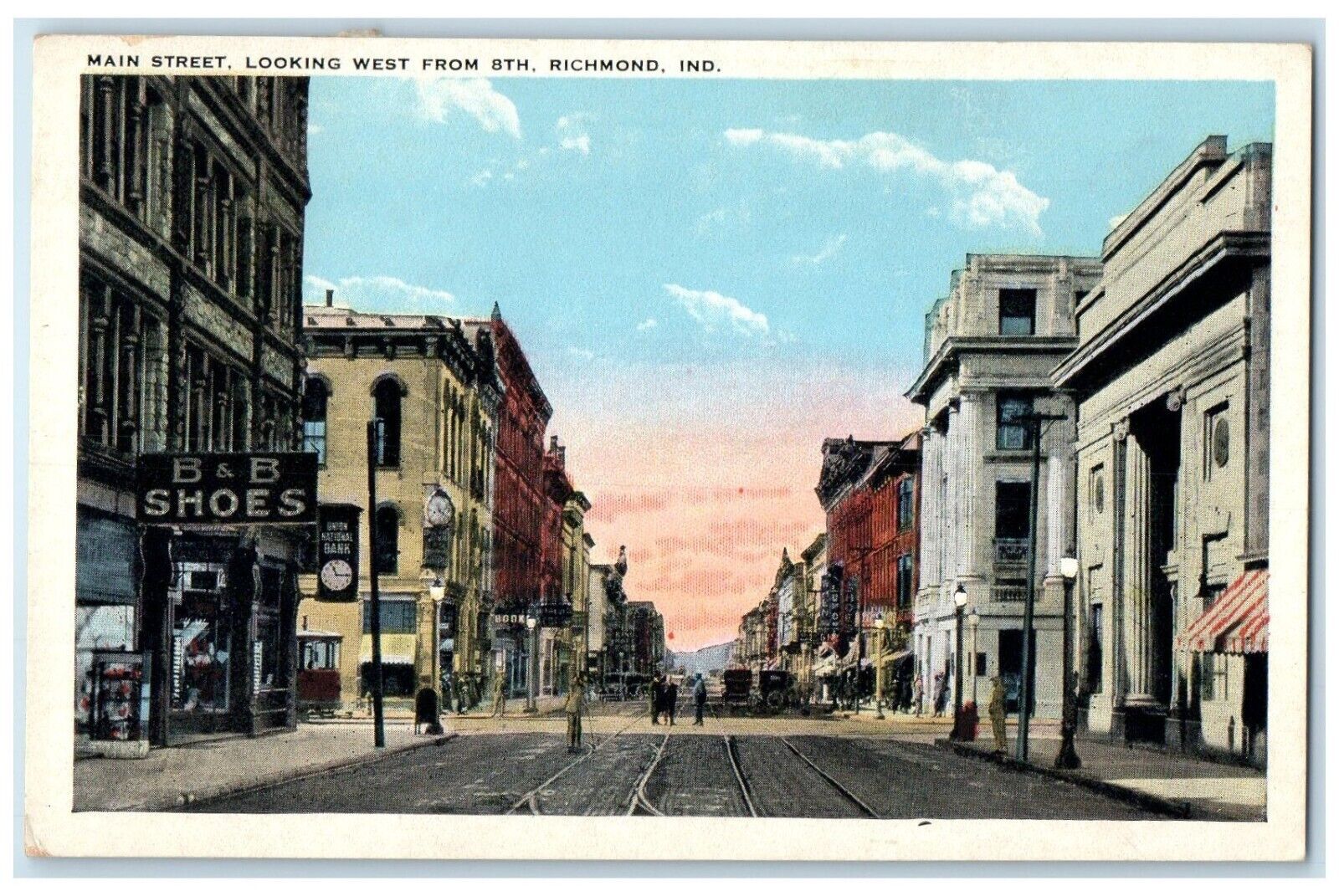 c1920 Main Street Looking West 8th Exterior Building Richmond Indiana Postcard