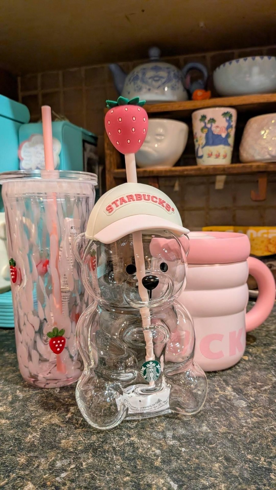 Authentic USA Starbucks Pink Barista July pink Drink Strawberry Bear Cup Glass