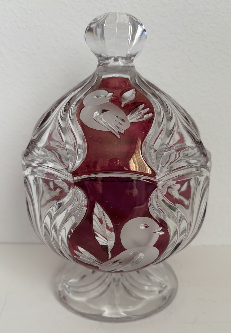 Hofbauer Byrdes Crystal Candy Dish Cranberry Accents Pedestal