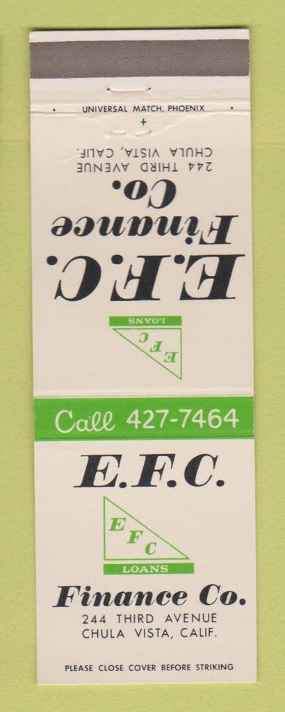 Matchbook Cover - EFC Finance Chula Vista CA