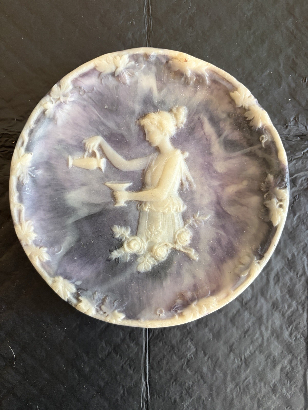 Carved Incolay Stone Plate Victorian Lady Wine Handcrafted Lavender Dish Trinket