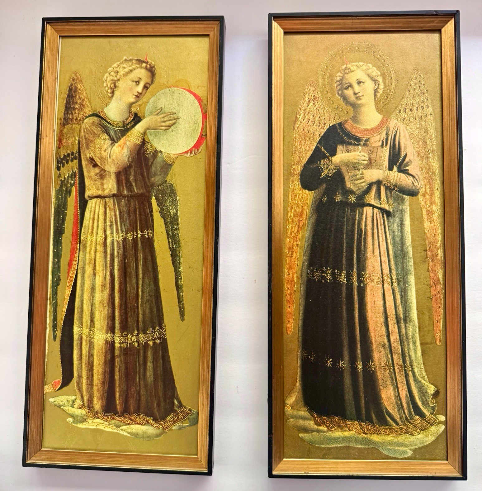 Pair Vintage Fra Angelico Musician Angels Gold Foil Embossed Prints Framed MCM