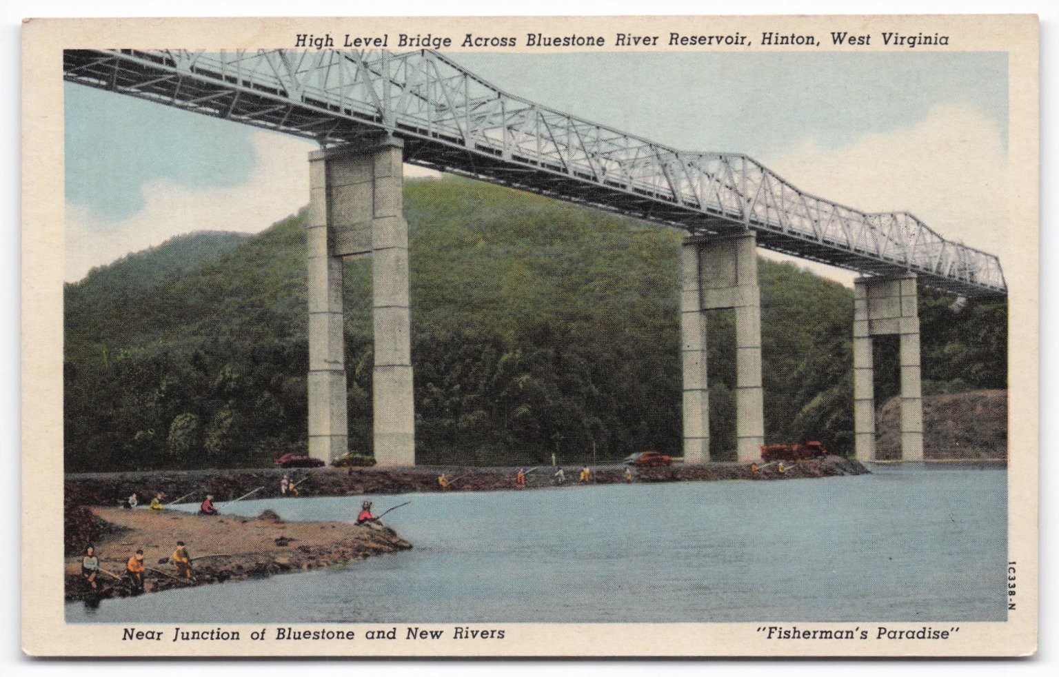 Hinton WV Bluestone River Bridge Postcard 1950s Fisherman's Paradise C.T. Linen