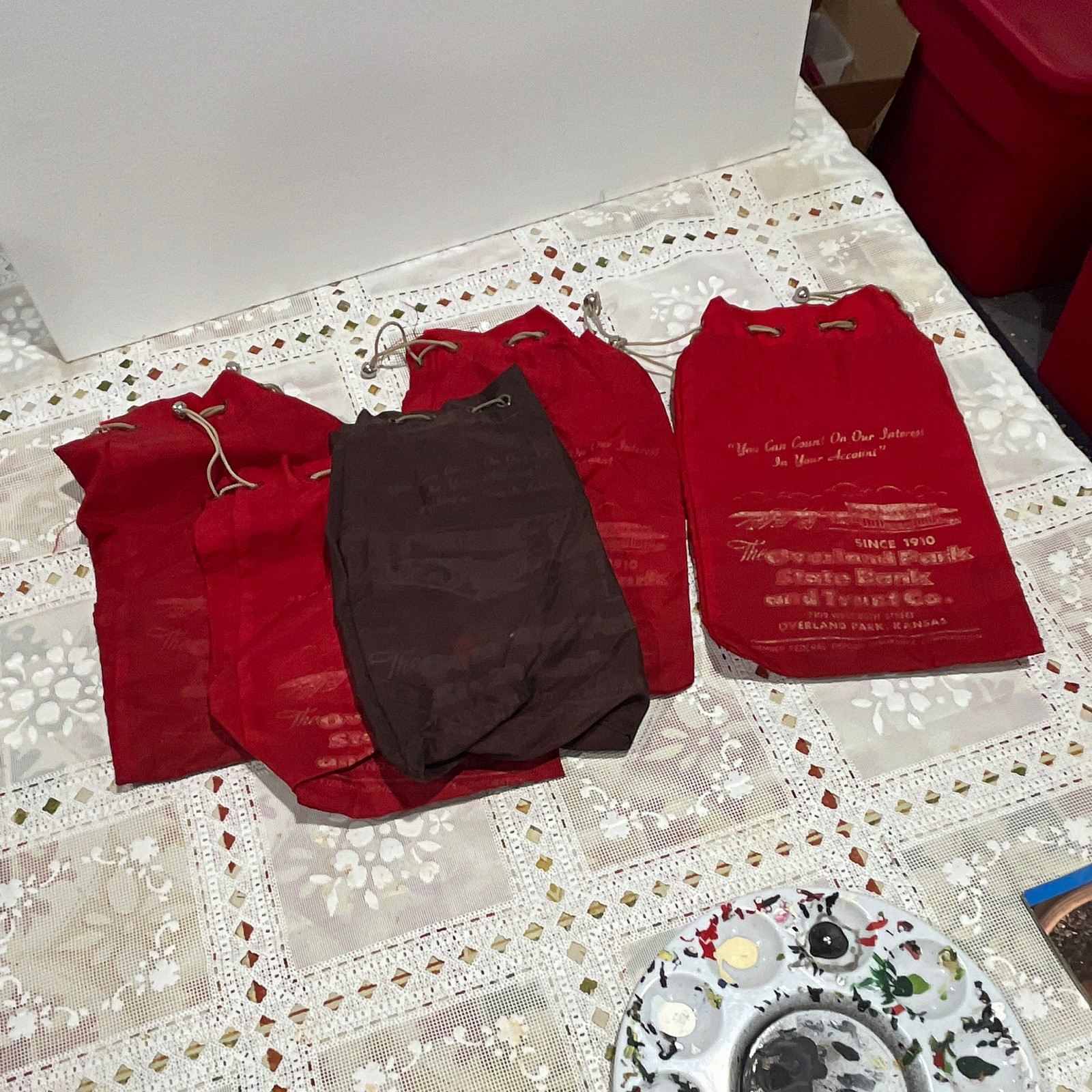Overland Park State Bank Deposit Bags Lot Red & Brown Drawstring Banking