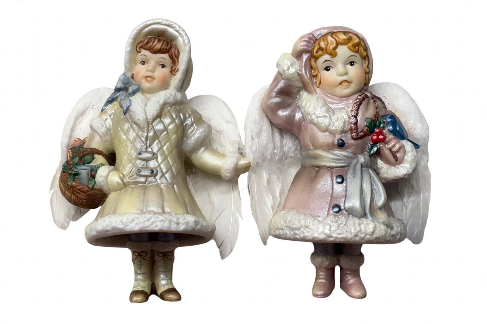  2 Vtg Angel Bell Girl Ornaments - Dangling Legs Clapper + Real Feather Wings