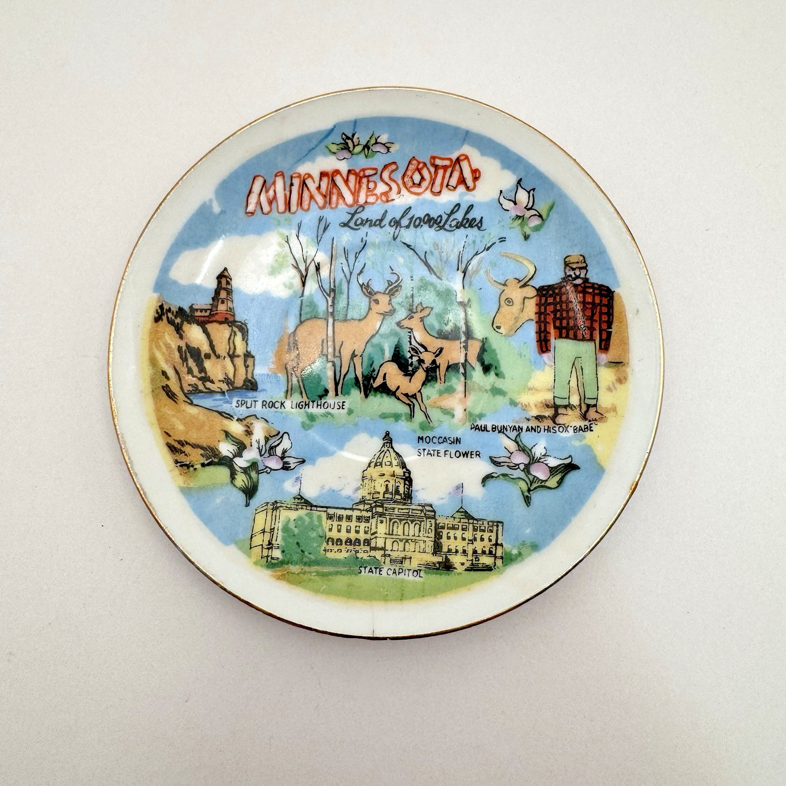 Vintage Minnesota Souvenir Trinket Dish Paul Bunyan Split Rock Gold Trim 4”