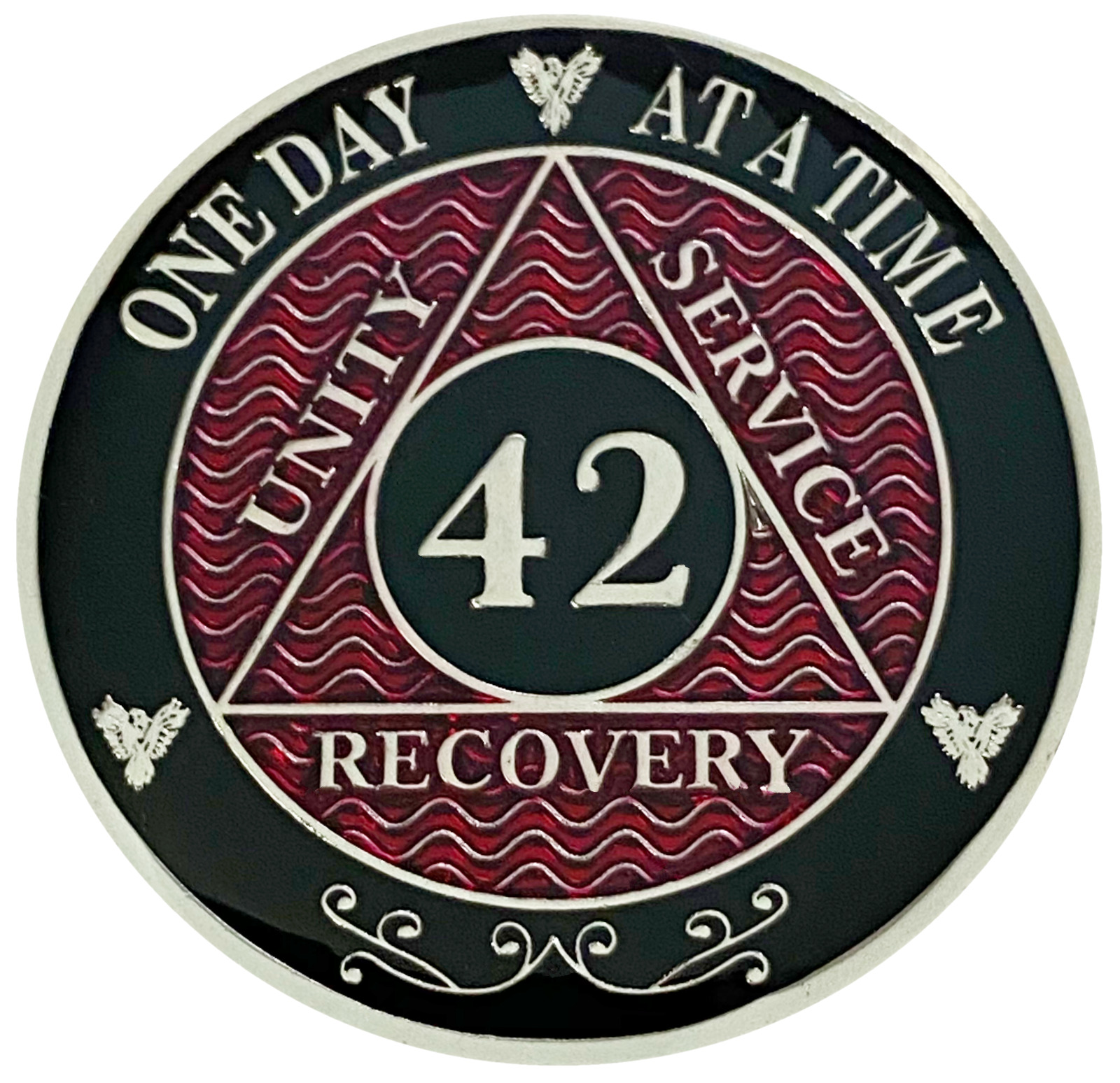 AA 42 Year Coin Red, Silver Color Plated Medallion, Alcoholics Anonymous Coin