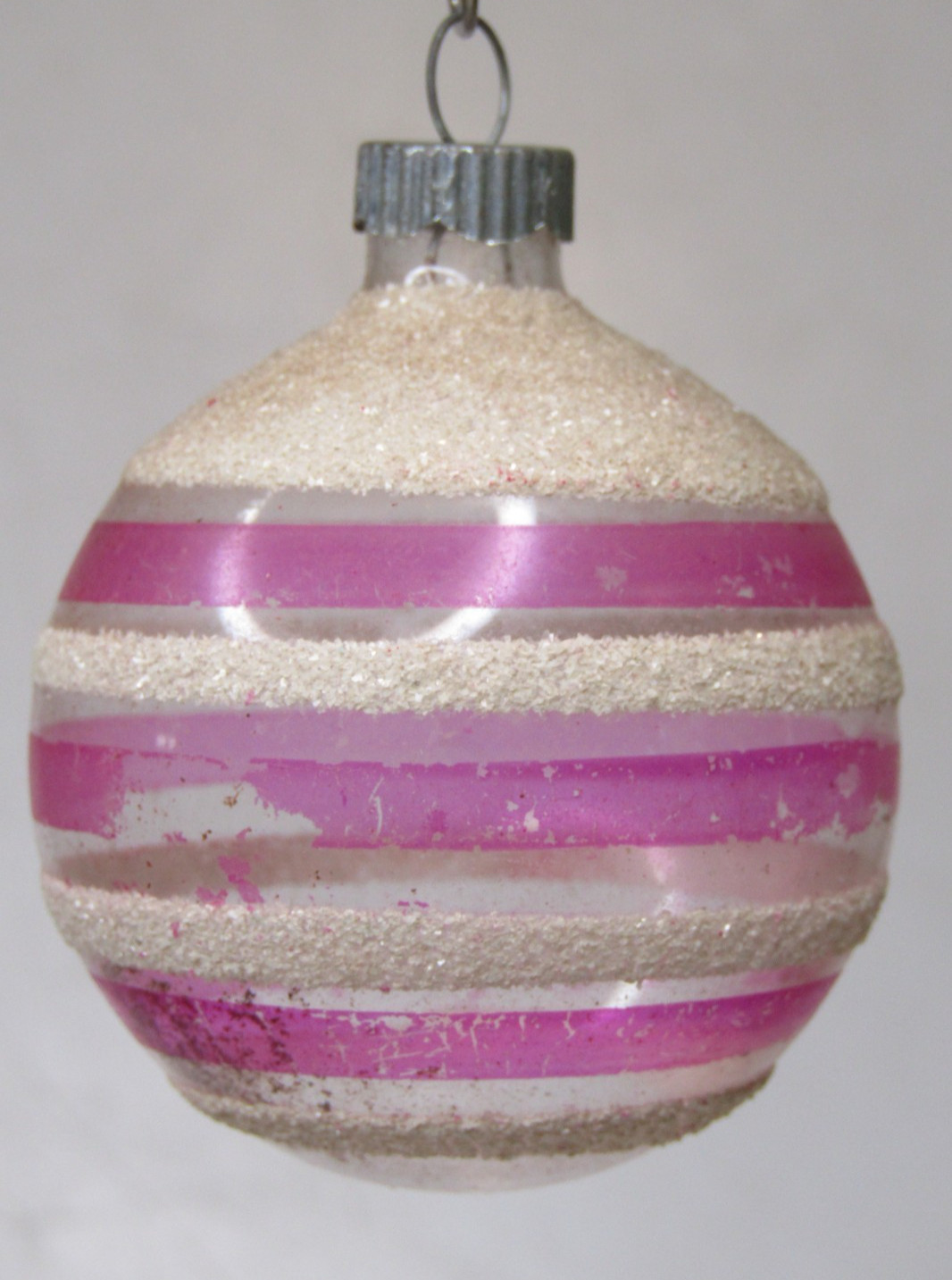 VTG WWII Unsilvered Glass PINK Striped Mica BALL Christmas Ornament Shiny Brite