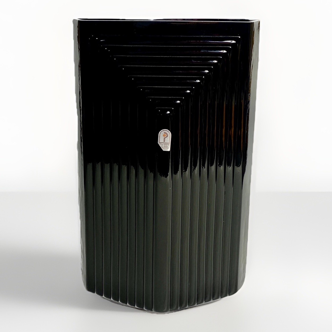 Pilgrim Art Deco Onyx Black Vase Stacked Sky Scraper Trapezoid W/Sticker 13x8”
