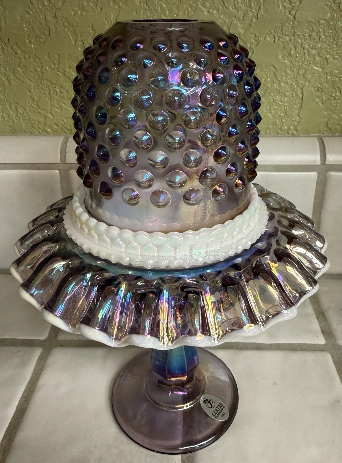 Fenton 95th Purple Carnival Glass Hobnail Snow Crest 3 Piece Pedestal Fairy Lamp