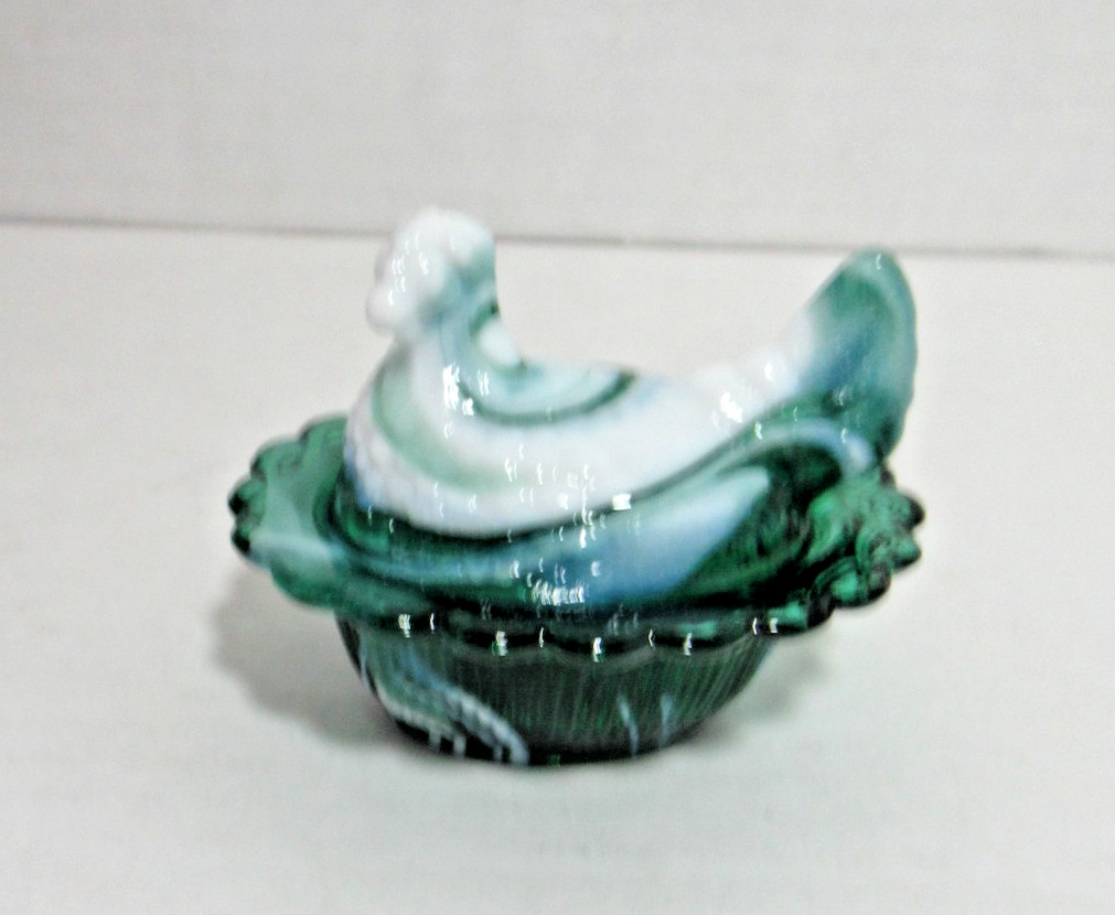 VTG Rare Moser Forrest Green Slag Glass Hen On Nest Salt Cellar Underlined M