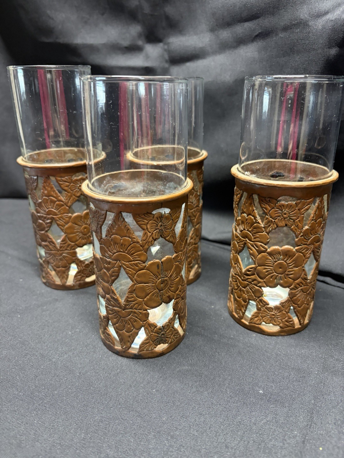 Vintage Mexican Style Copper Floral Cutwork Drinking Glasses Set of 4 7”