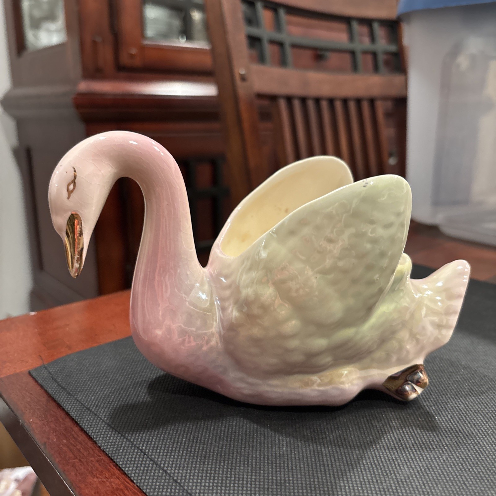 Vintage Ceramic Swan Vase Planter Mid-Century Modern Gold accents Pink / Ivory Vintage Ceramic Swan Vase Planter Mid-Century Modern Gold accents Pink / Ivory