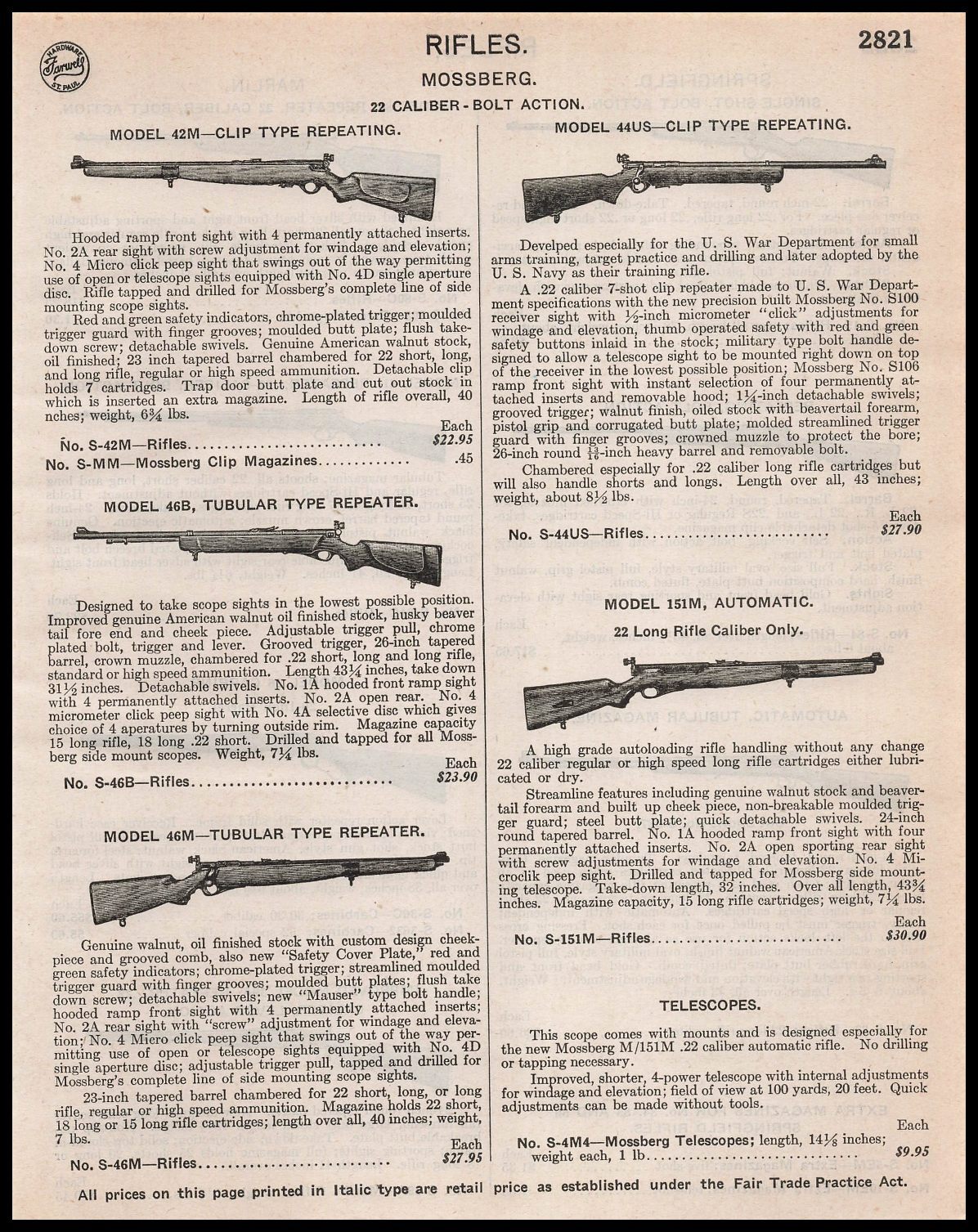 1948 Oscar Frederick Mossberg New Haven Connecticut .22 Rifles Vintage Print Ad
