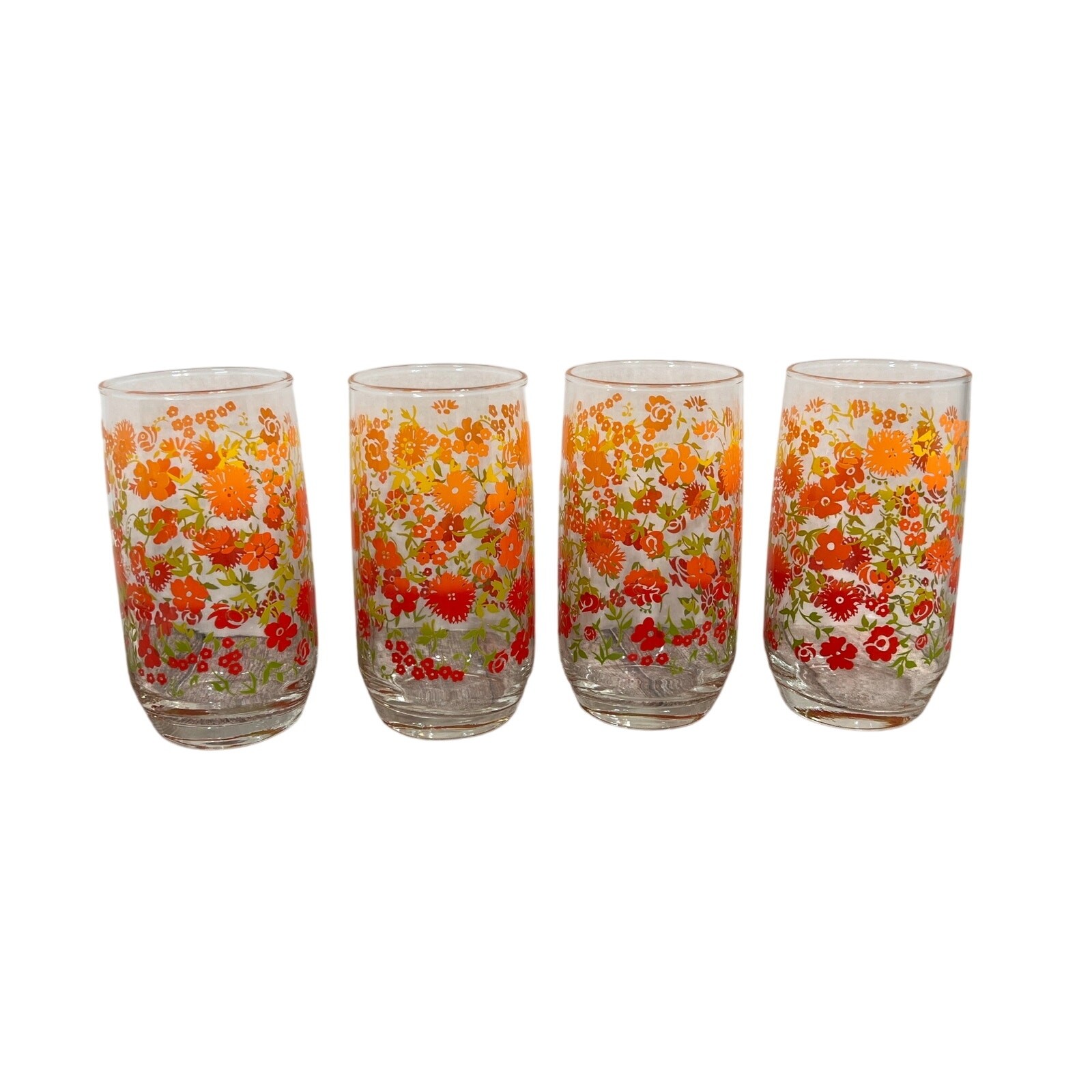 Vintage 1970s Floral Drinking Glasses Set of 4 Orange Red Green Flower Power