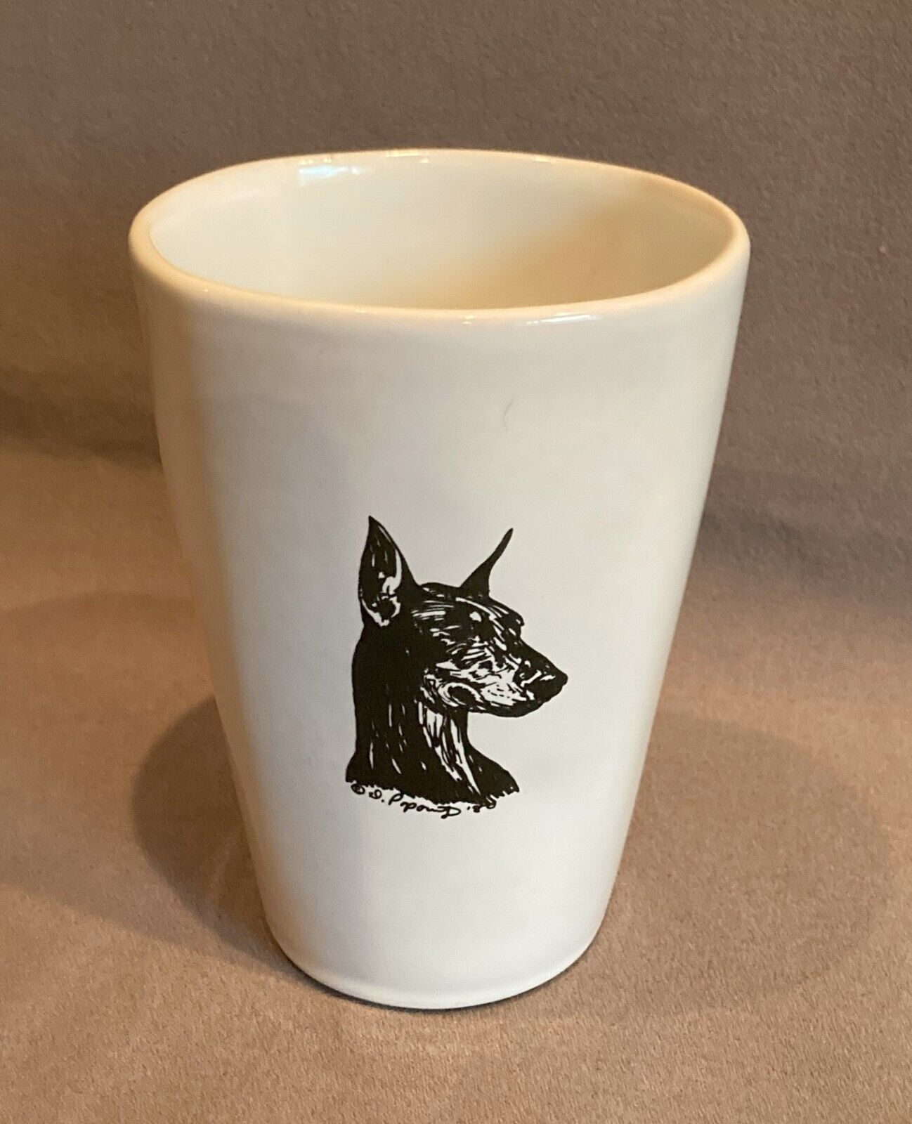 Vintage 1980 Frankoma USA Pottery 5L Cup Doberman Pinscher Dog Signed