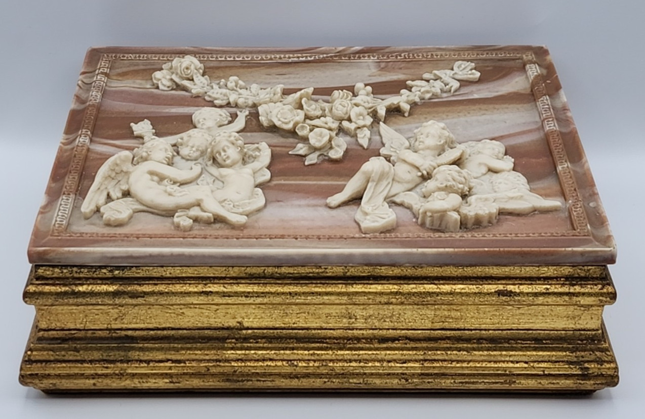 Vintage Wood & Incolay Stone Jewelry Box Florentine Cherubs Flowers READ BLUE