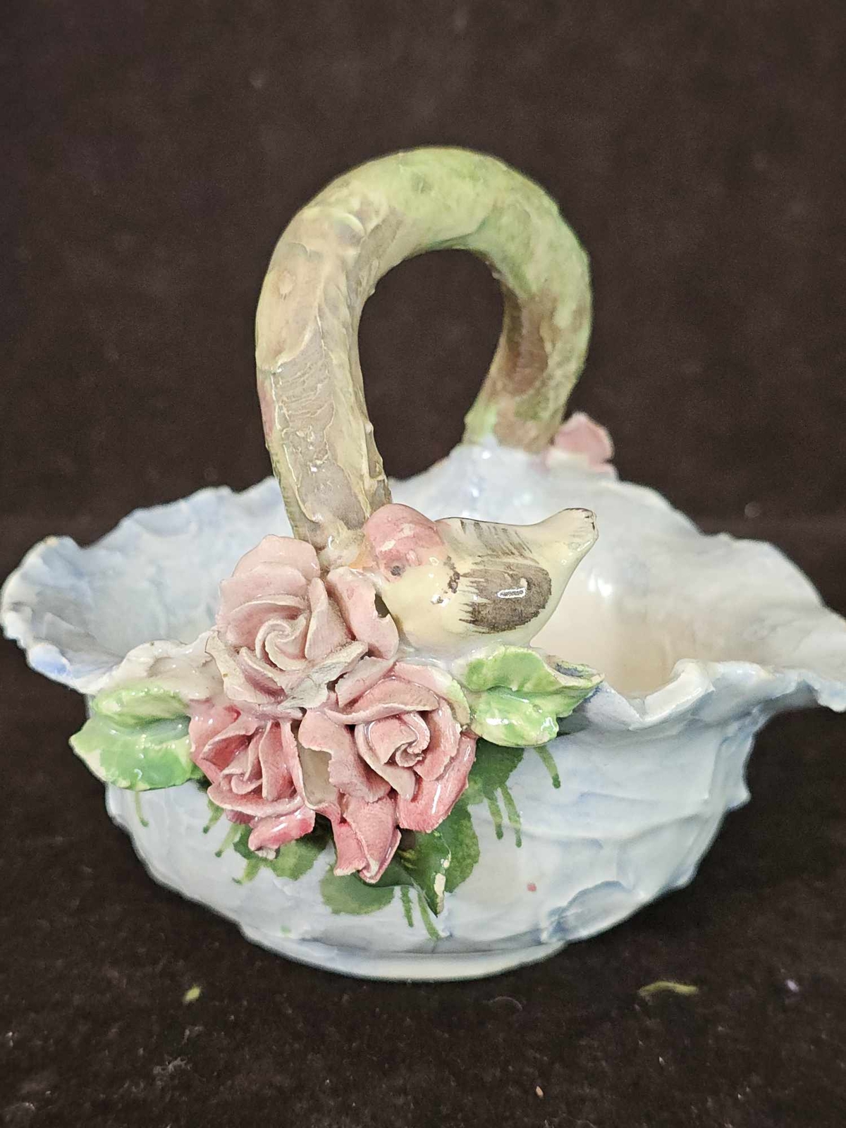Vintage Hand Made Pottery Basket Flowers Bird Vine Handle Italy 5\