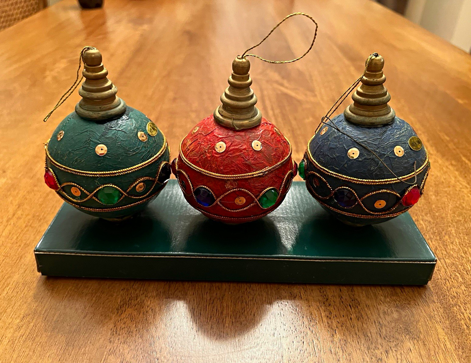 Vintage 1994 Bombay Company Jeweled Papier Mache Christmas Ornaments Set of 3
