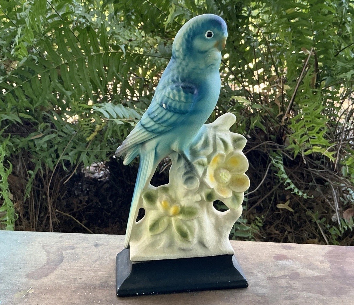 Blue Parakeet Bird Figurine Yellow Flowers Porcelain Japan Hand Painted Vintage