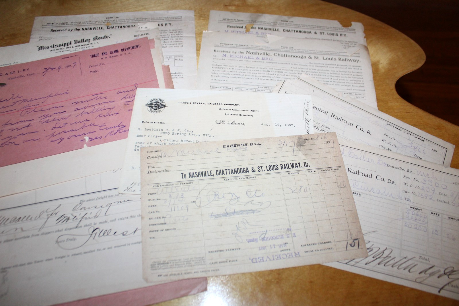 Antique Ephemera Lot 1896 and 97 Railroad Freight Receipts Illinois & More