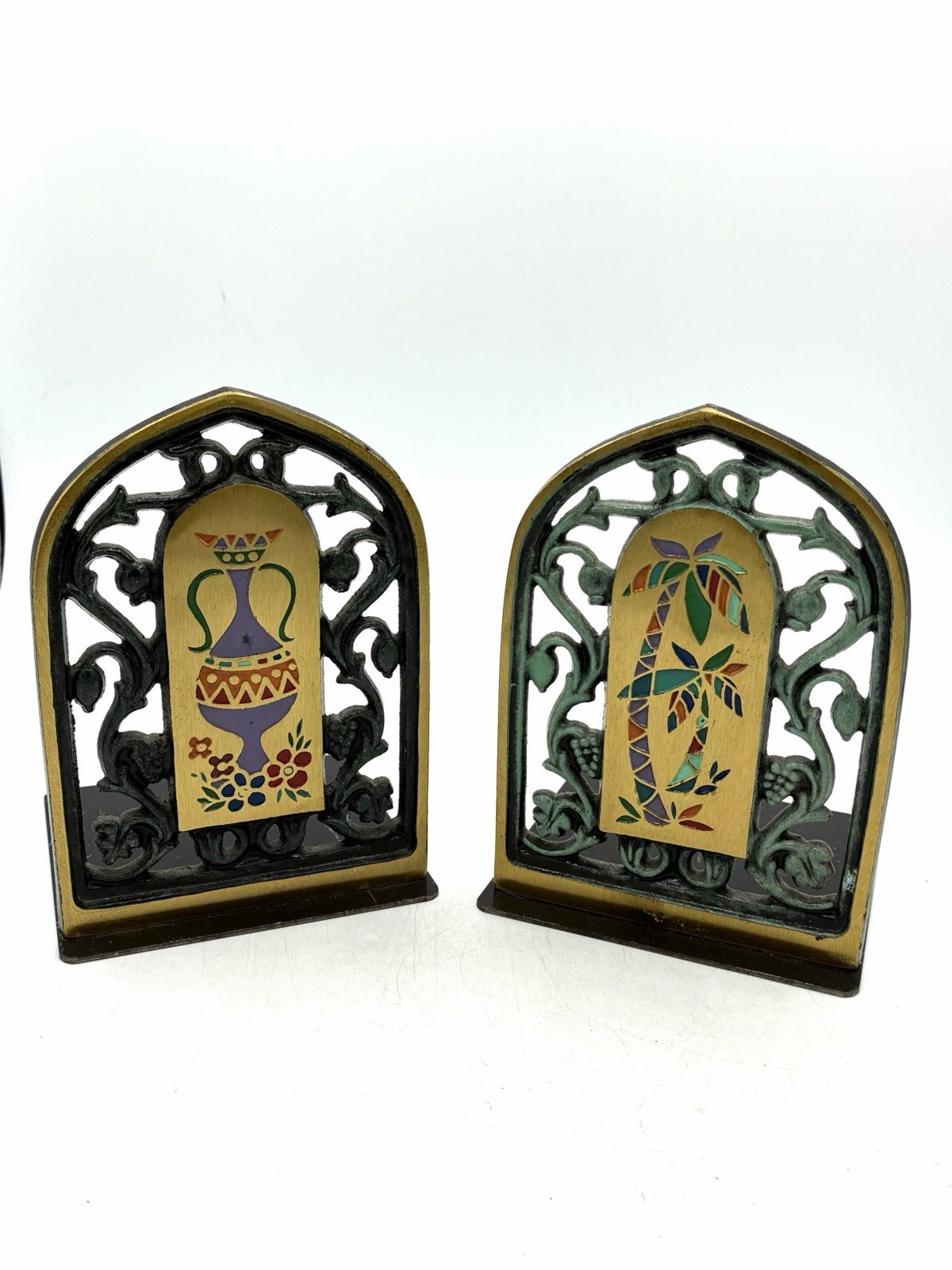 Vintage Dayagi Israel Brass Bookends 4043 Enamel Vase Floral MCM Judaica Pair