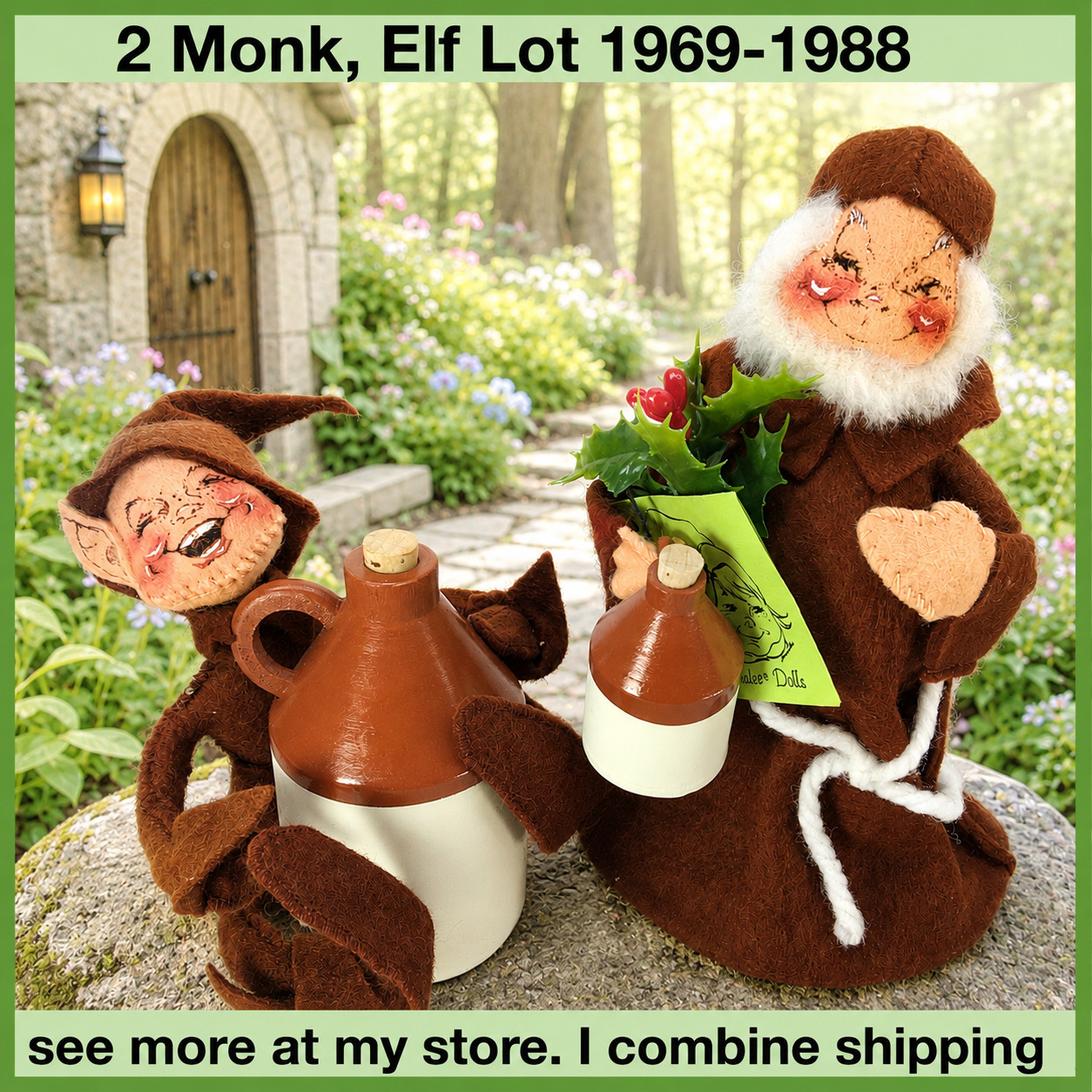 2 Annalee MONK FRIAR, BROWN PIXIE ELF with Wine Jug Christmas Doll 1969-1988 2 Annalee MONK FRIAR, BROWN PIXIE ELF with Wine Jug Christmas Doll 1969-1988