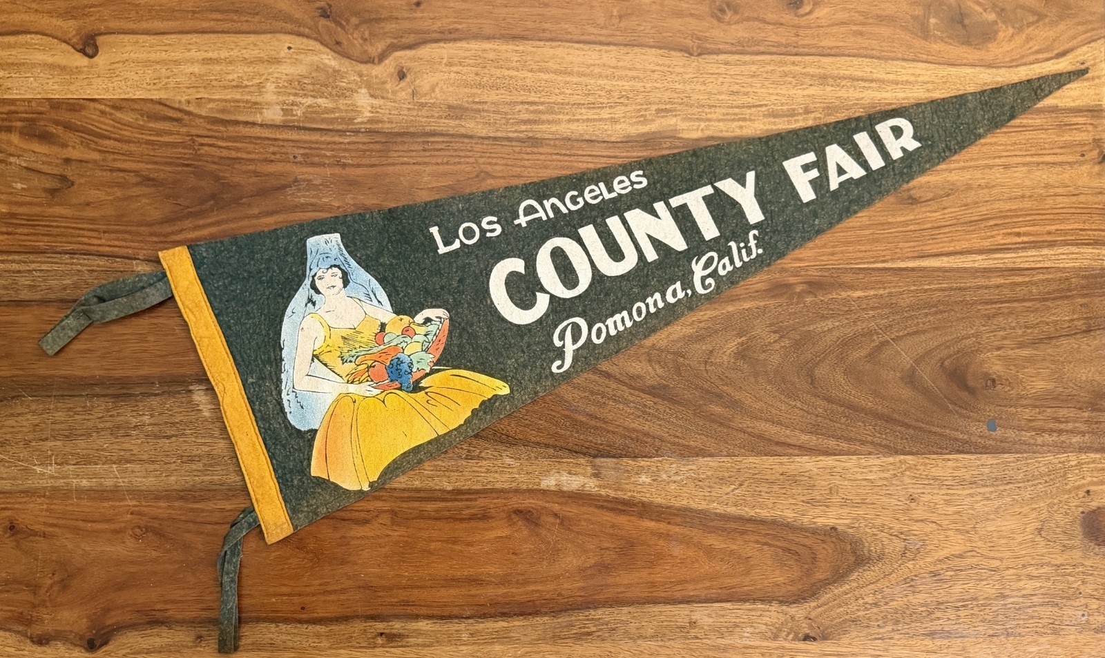 Vintage Los Angeles County Fair Pomona Calif Felt Pennant Lady Fruit Cornucopia