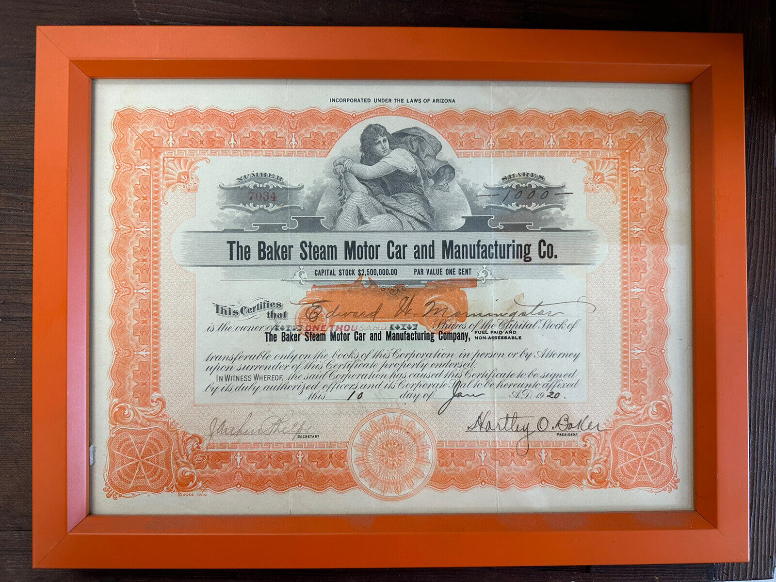 The Baker Steam Motor Car And Manufacturing Co Shares Certification Framed