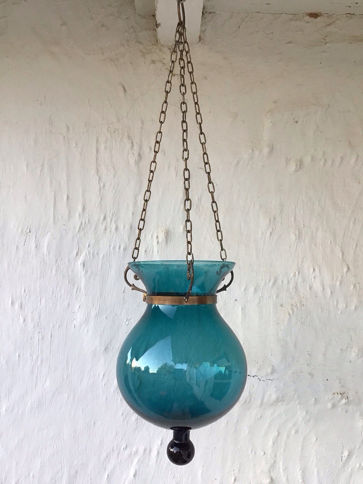Vintage Mid Century Italian Teal Blown Glass Hanging Swag Candle Lantern Italy