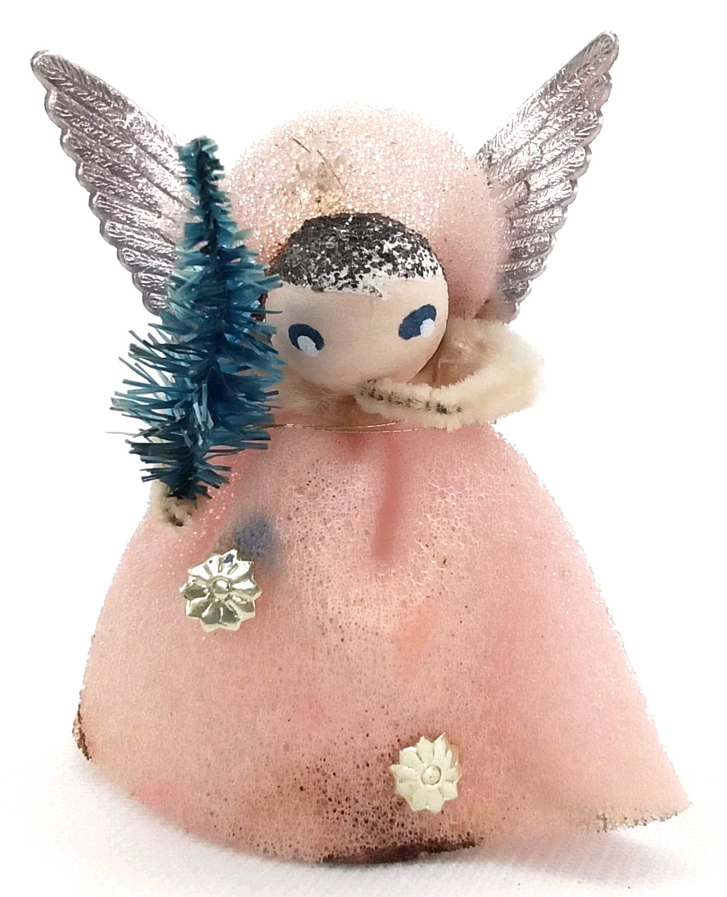 Vintage 1950s Spun Cotton Angel Christmas Ornament With Foil Wings Made In Japan
