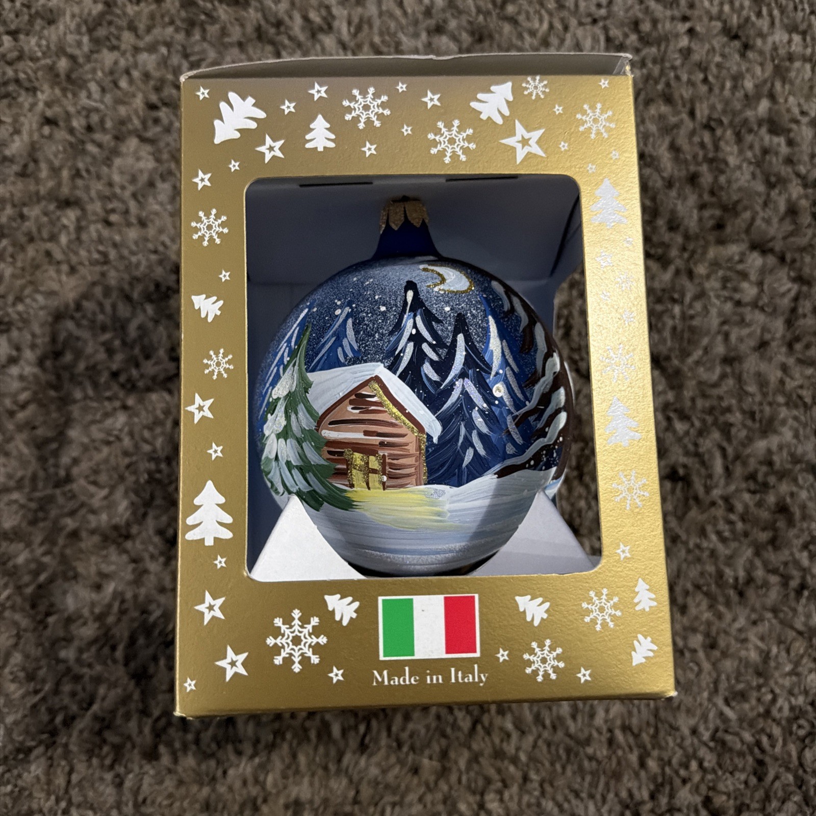 Impuls snow cabin Mouth Blown & Hand Painted Glass Christmas Ornament Italy 