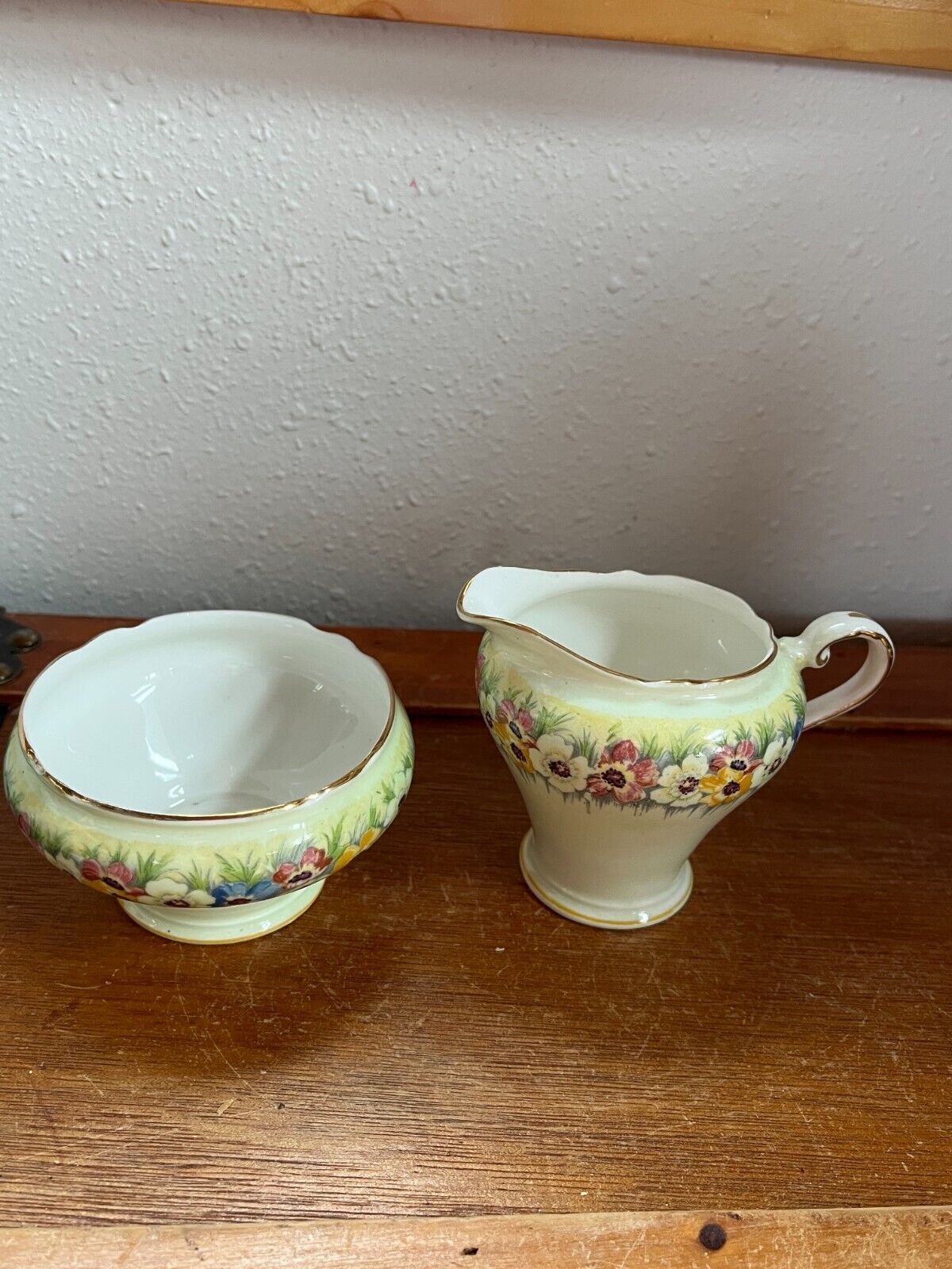 Vintage Ansley England Marked Porcelain Creamer & Sugar w Blue Yellow Red & Whit